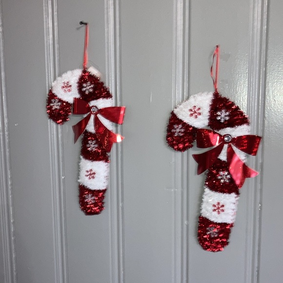 NWT Set of 2- Red & White Tinsel Candy Cane Bedazzled ❄️ Holiday Decorations - Picture 6 of 8
